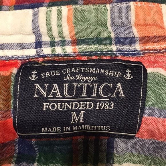 Nautical Plaid Button Down Shirt Red Green Medium - Picture 3 of 4